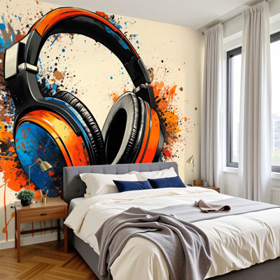 Music Peel and Stick Wallpaper Graffiti Headphone Musical Theme Colorful Earphone Music Gaming Wall Murals 69"H x 96"W Removable PVC Wall Paper Self-Adhesive Wall Decor for Bedroom Living Room Home Office