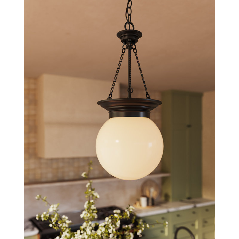 Madelyn 12-in Black Pendant with Opal Glass, Black/Opal Glass