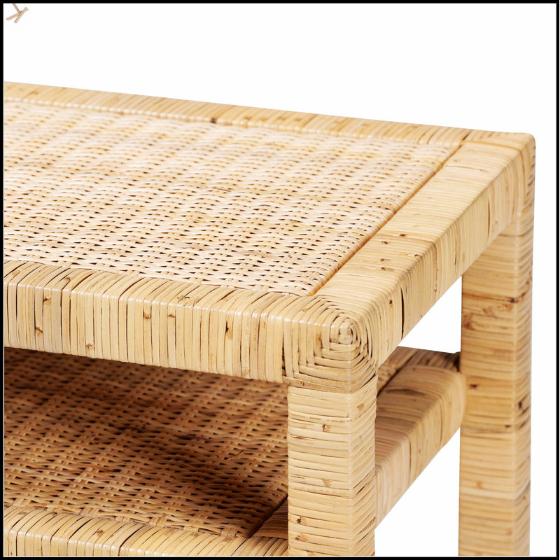 Console bohémienne en rotin miel et bois d'acacia clair, parfaite pour ajouter une touche d'élégance exotique et de rangement fonctionnel à n'importe quelle pièce.