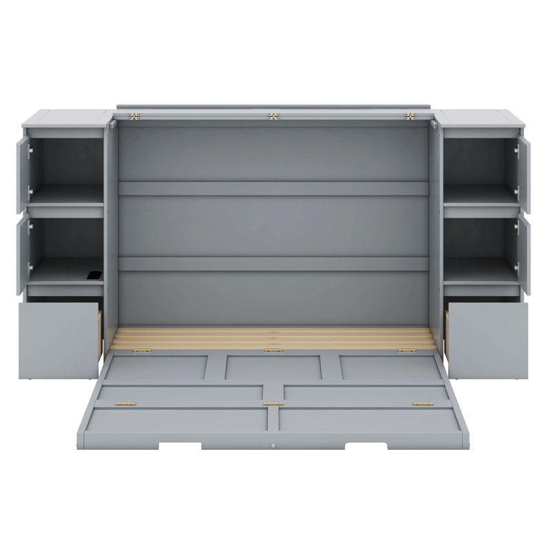 Gray Full Murphy Bed with Drawers, Cabinets, and USB Ports