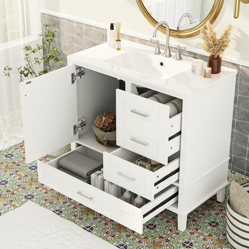 Meuble-lavabo moderne blanc avec tiroirs profonds et peu profonds - Solution de rangement spacieuse, fabrication d'armoire pratique et élégante