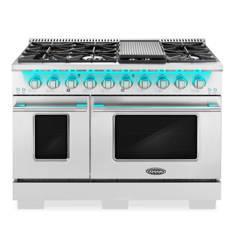 Cosmo 48 po. Collection Vista de 6,6 pi³ Cuisinière à gaz double four, 8 brûleurs, panneau DEL, grilles en fonte, acier inoxydable