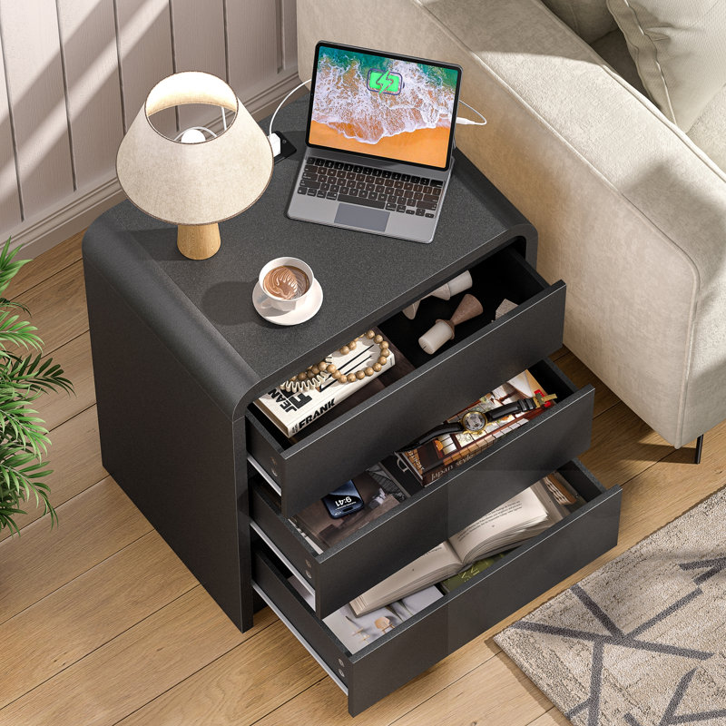 Table de chevet avec station de charge et 3 tiroirs et ports USB, Noir