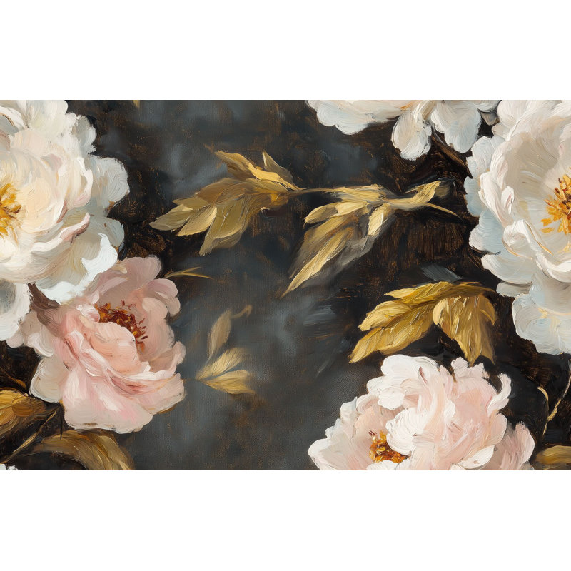 Papier peint floral peint à l'huile pivoine feuille d'or, L 100 po x L 96 po
