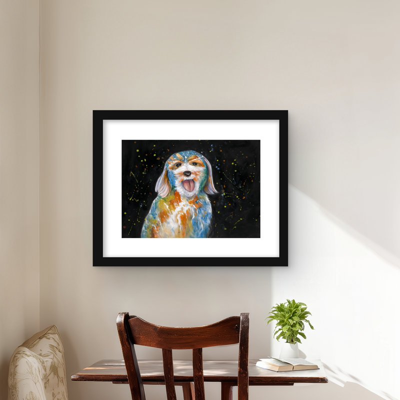 «Abstract Labradoodle - Blue Living», reproduction encadrée
