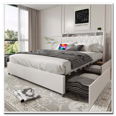 Cadre de grand lit avec tête de lit ergonomique, cadre de lit plateforme grand avec prises et chargeur,