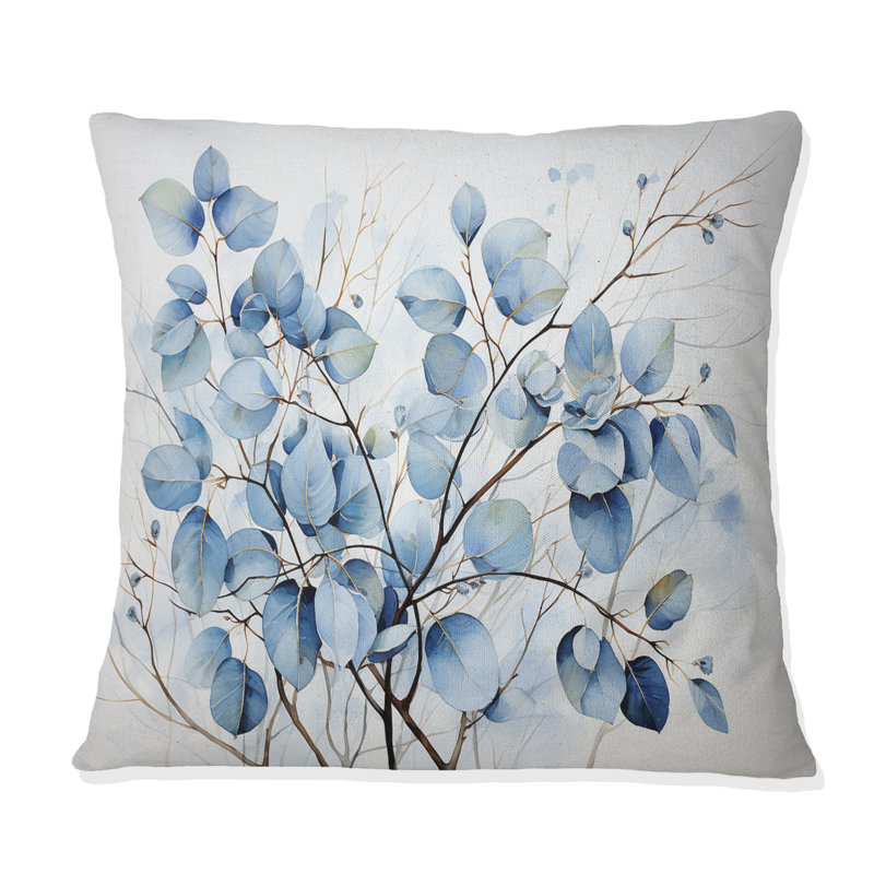 Blue And Grey Leave On Branch III - Leaves Printed Throw Pillow