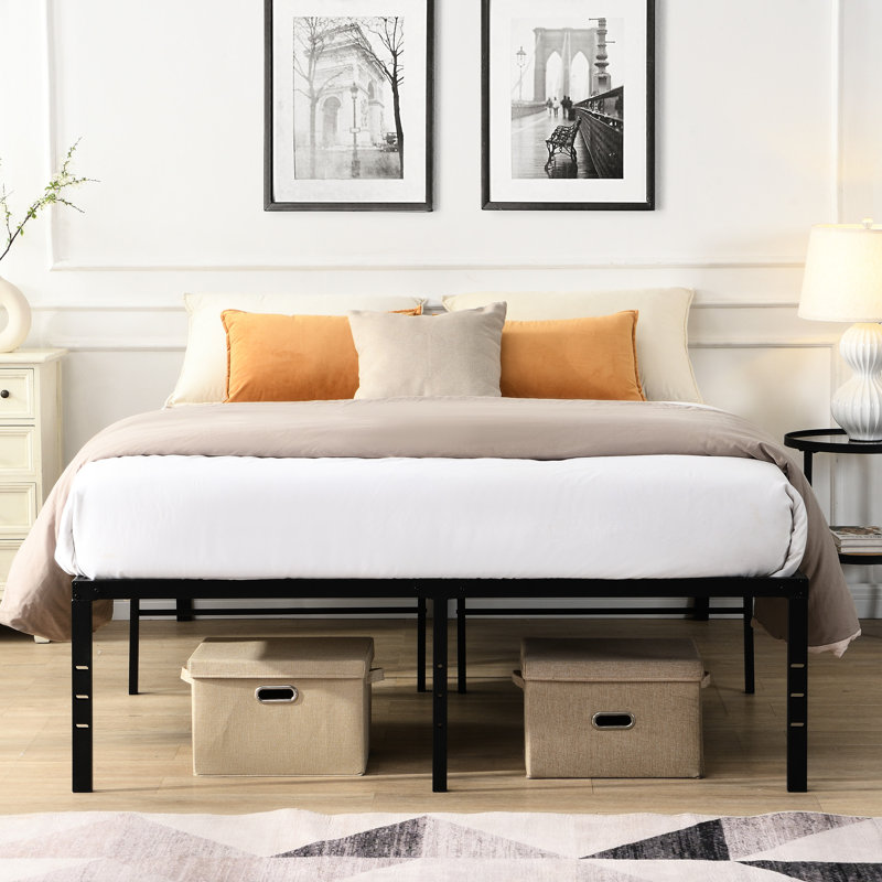 Queen Size Metal Bed Frame, Black Finish, Fast Assembly, No Squeaking, 1000 - Pound Capacity, Reinforced Slats For Mattress Support, Under Storage Space, Holes On Legs Heavy Duty Simple & Quick Quiet