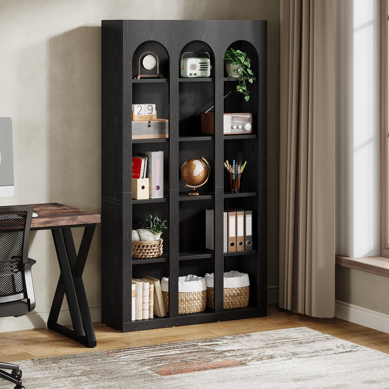 5-Tier 39.37" W X 70.87" H Modern Black Wood Farmhouse Home Office Tall Bookshelf Bookcase Open Large Storage, Black