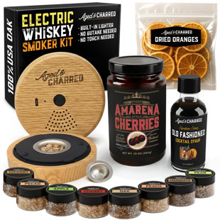 Nécessaire de fumoir électrique pour whisky - Cadeaux de whisky pour papa pour hommes - Cerises Amarena de qualité supérieure, sirop, tranches d'orange séchées et 8 copeaux de bois de saveurs - Nécessaire de fumoir à cocktail à l'ancienne