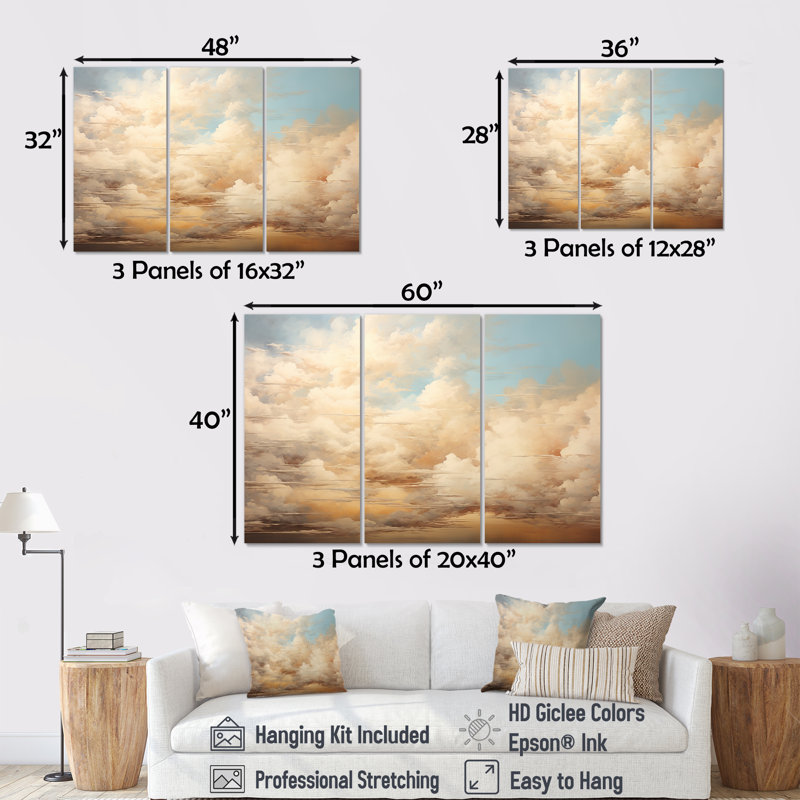 Ensemble de salon beige avec nuages minimalisme I - nuages, Toile tendue, H 40 po x l 60 po x P 1 po