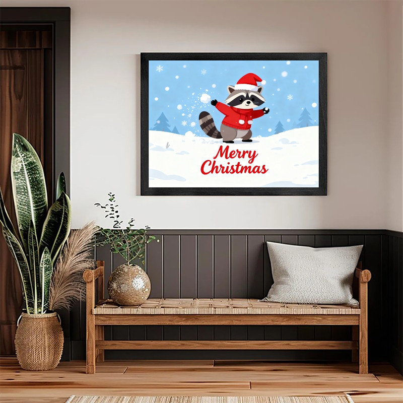 Cadre noir noir fantaisiste, raton laveur, neige, art mural, décoration festive, cadre, H 9 po x l 11 po