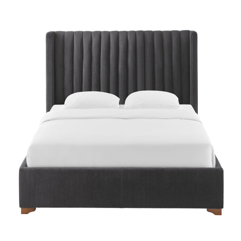 Modern Upholstered Platform Bed With Corduroy Wing Headboard, White, Full
