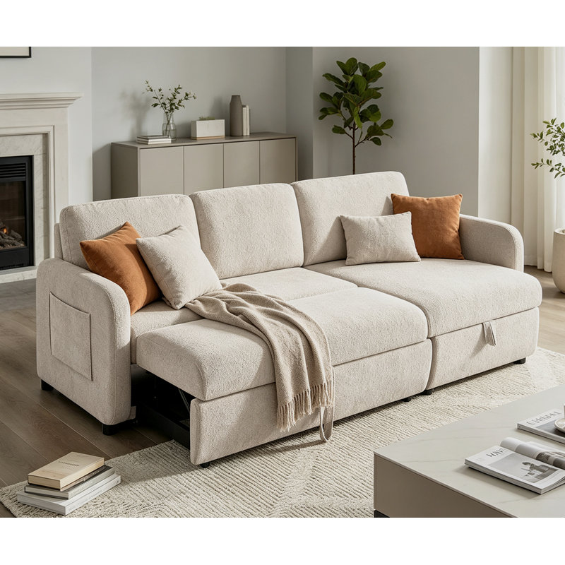 84'' Pull-Out Sofa Bed With Storage Chaise And Side Pockets, Camel Polyester