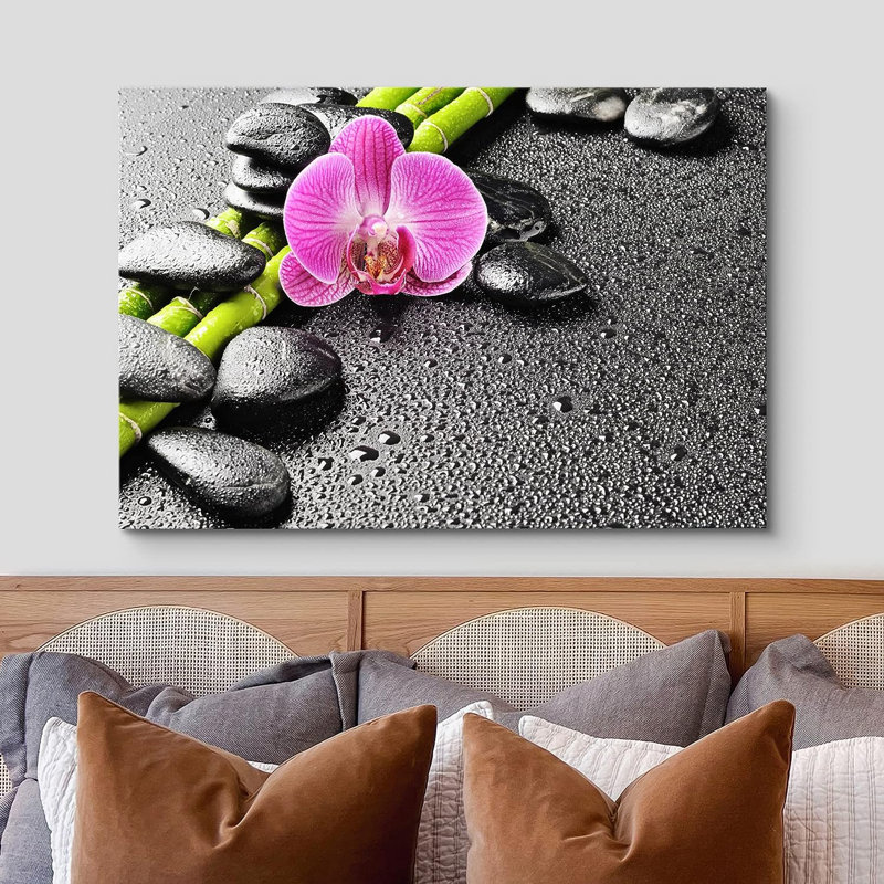 «Mauve orchidée fleur bambou plage massage pierres nature sauvage sur toile», H 12 po x l 18 po x P 1,5 po