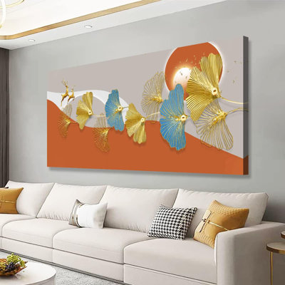 Gold And Blue Leaves Canvas Wall Art Modern Abstract Paintings,Red Sun Orange And Gray Background,Popular Style Prints And Artwork For Living Room Bedroom Decoration-24X48inches