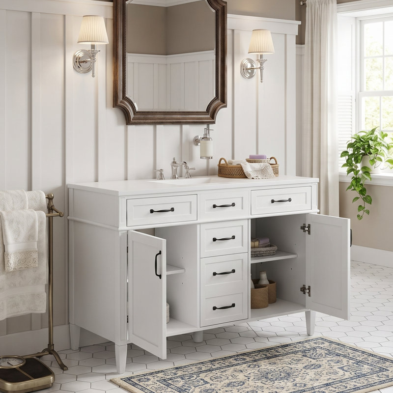 Ensemble de meuble-lavabo autoportant moderne 48 po avec 4 tiroirs, tablettes réglables et lavabo en composite (blanc / noir)