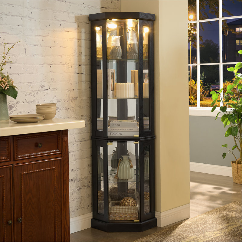 Vitrine de coin lumineuse - Vitrine de salon, objets de collection antiques, rangement pour verres à vin et à bar - Design élégant d'angle avec lumières incluses - NOIR