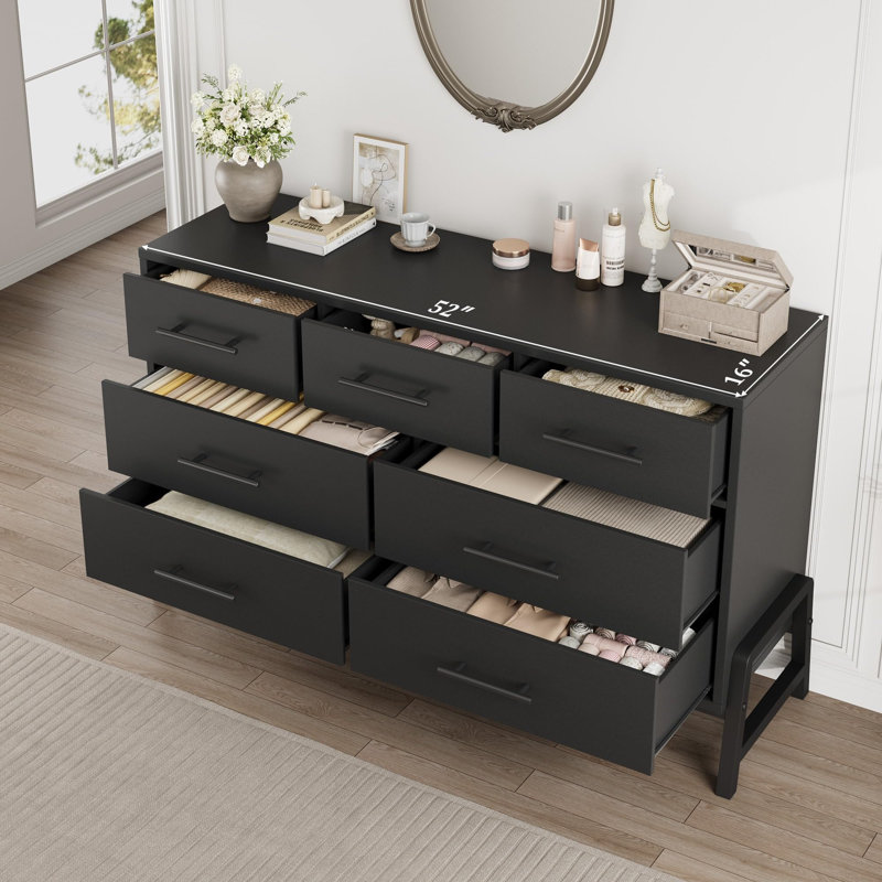 7 Drawer Dresser For Bedroom, 52" Wide Modern Chest of Drawers with Metal Handles, TV Stand for TVs UP to 60", Freestanding Closet Organizer