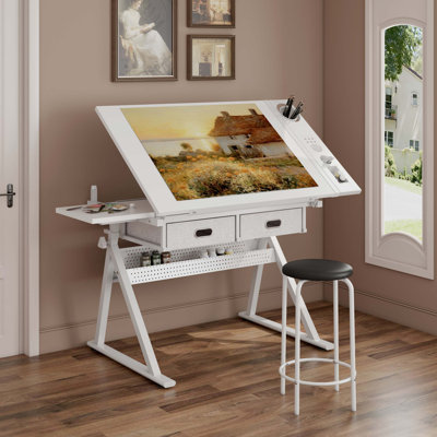 Table de dessin réglable avec 2 tiroirs pour le bureau personnel et l'école avec tabouret (tout blanc)