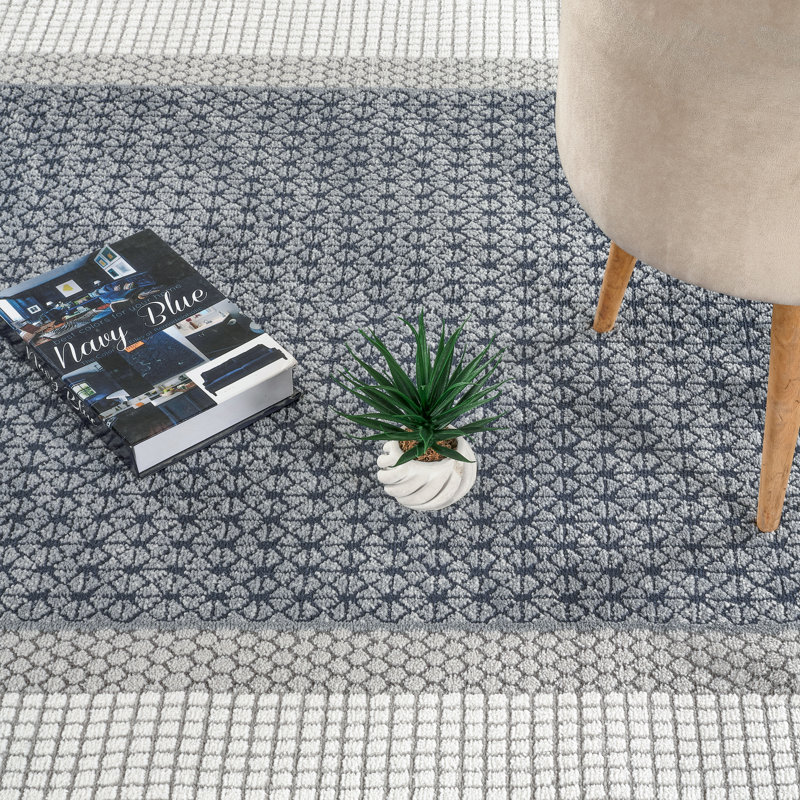 Whitney Blue & Ivory Geometric High-Low Modern Rug, 2'0" x 6'0", Blue/Ivory