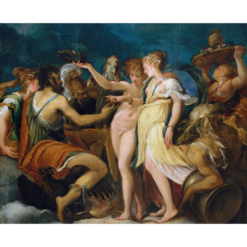 "Le mariage de Cupidon et de Psyché" par Andrea Schiavone - Art sur toile tendue avec châssis, H 40 po x l 28 po