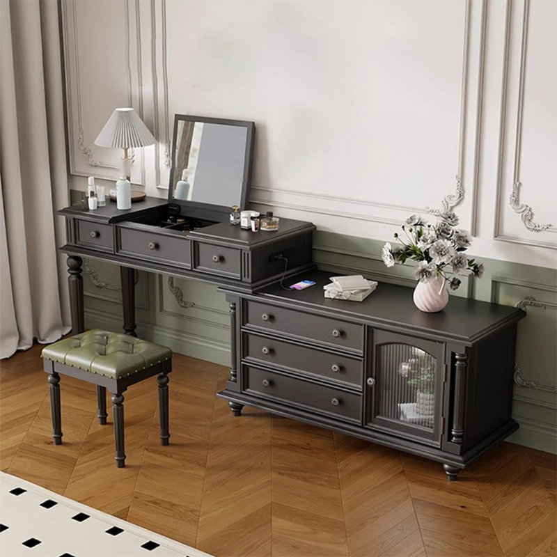 Coiffeuse de maquillage avec miroir, 5 tiroirs, prise de courant, 1 chaise