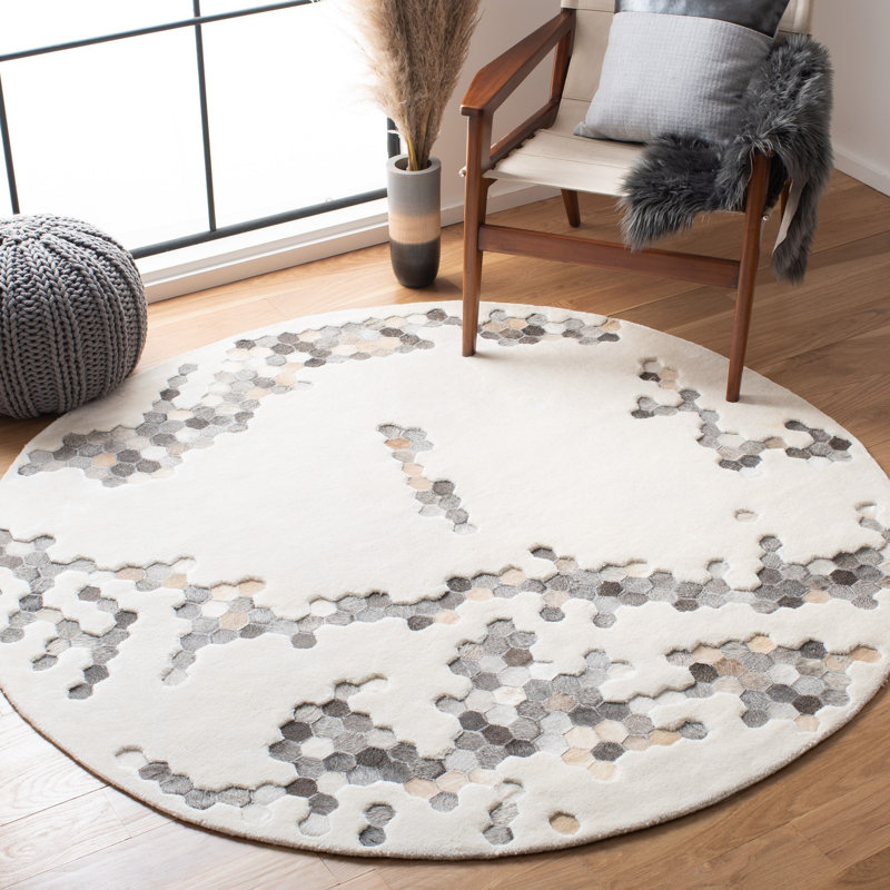 Tapis abstrait en viscose / cuir / coton touffeté à la main Jarrell, Rond 6 pi