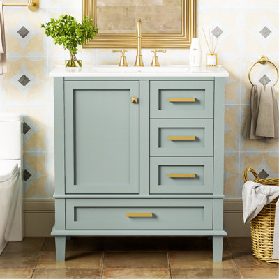 Meuble-lavabo moderne de 30 po avec ensemble de meuble-lavabo 30 po, armoire de rangement avec porte à fermeture douce et 3 tiroirs, structure en bois massif (vert)