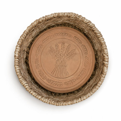 Eangee Handwoven Seagrass Bread Warmer Basket with Terracotta Warming Stone, Wheat Sheaf, Round, Natural