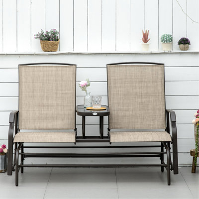 Siège de véranda avec table centrale - structure en métal pour la cour arrière brune. Plaisir double glissement, tissu respirant, patio de bureau de construction brun relaxant, acier d'extérieur résistant aux intempéries