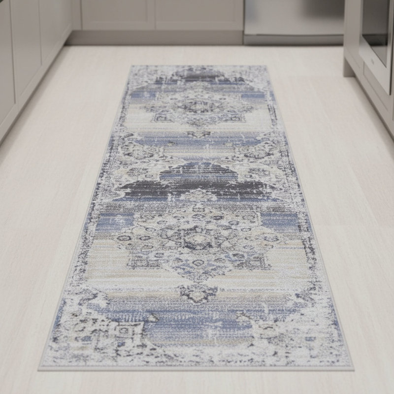PAYAS Collection Cream / Blue Medallion Doormat Rug, Runner 2'2" x 8'