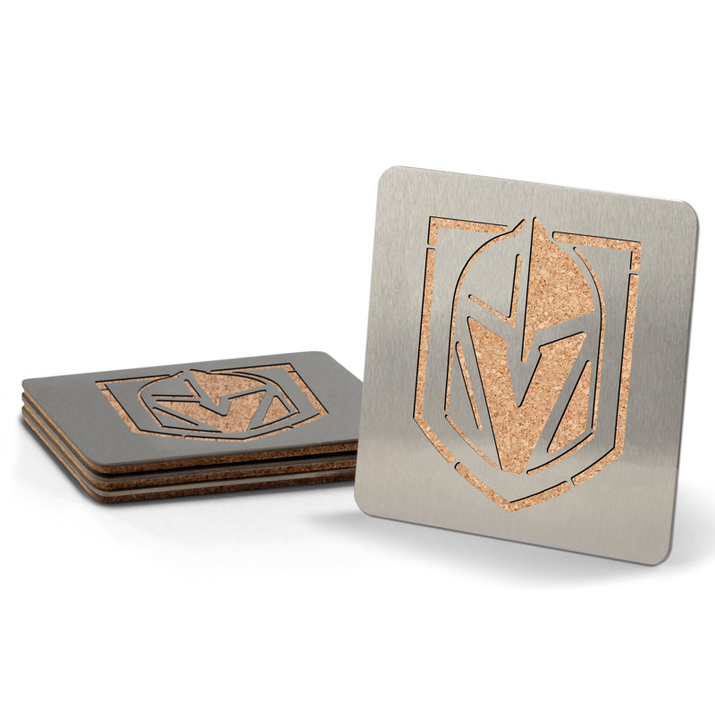 Stainless Steel Agate Ceramic Jute Leather Crystal Square Round 4 Piece Coaster Set with Holder Set, Vegas Golden Knights