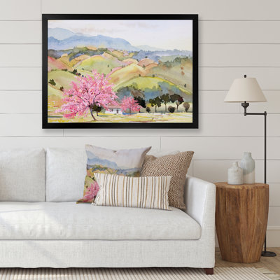 " Pink Mountain Tree In Autum Landscape " Painting Print