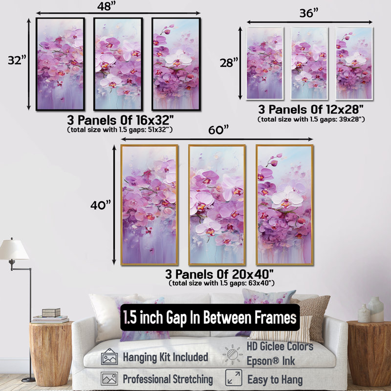 Pensées mauves Blooming Field - ensemble d'art mural sur toile Flower Field, Cadre flottant noir, H 40 po x l 60 po x P 1 po