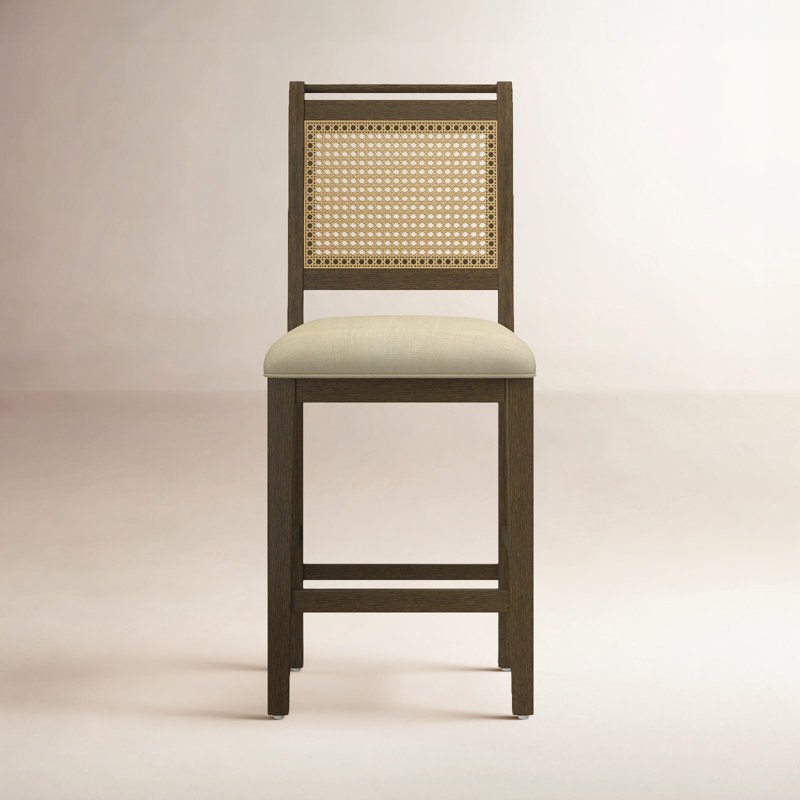 Wood Cane Back Counter Height Stools With Upholstered Seat, Wire Brush Espresso