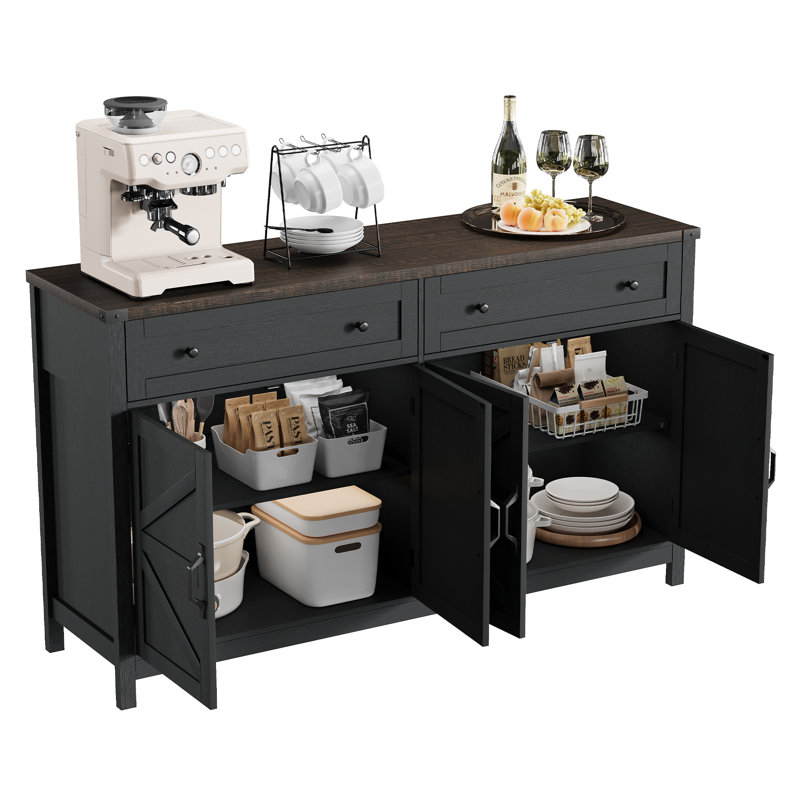 Buffet de style ferme moderne de 55,12 po de largeur avec portes à panneaux à motif losange, Brun / Noir