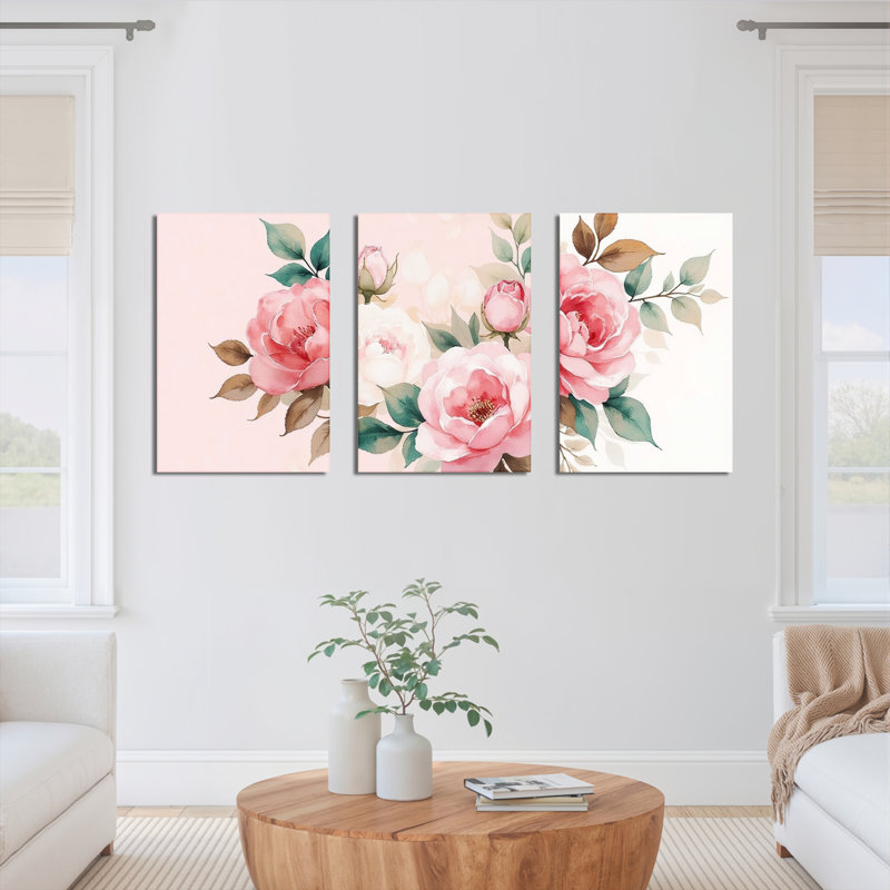 «Blush Pink Floral», reproduction d'art sur toile tendue sur toile (ensemble de 3), H 18 po x l 36 po