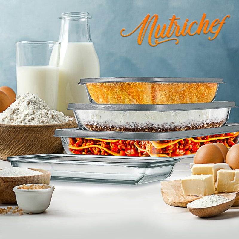 NutriChef 4-Piece Rectangular Glass Bakeware Set with Lids