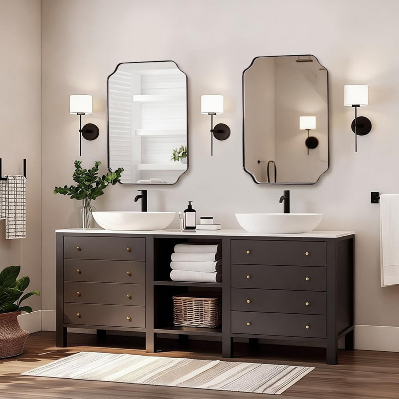 Miroir de salle de bain Modern Cadre en acier inoxydable, 32 po x 24 po, Bronze brossé