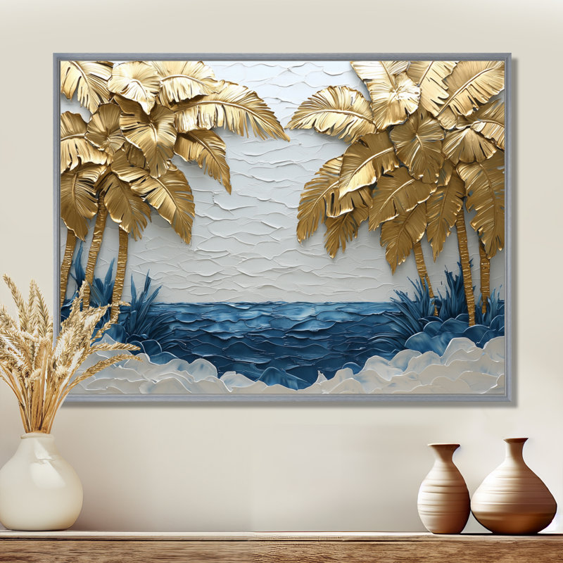 Corneshia, aqua doré sur la plage II - palmiers et palmiers, art mural, Argent argent, Impression encadrée flottante