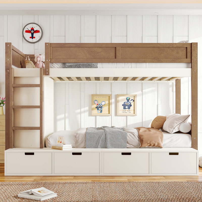 Lit superposé simple au dessus d'un lit simple / simple TG au dessus d'un lit double avec 4 tiroirs de rangement, lit superposé en bois massif avec garde-robe intégrée et garde-corps pleine longueur, sans sommier, beige et naturel
