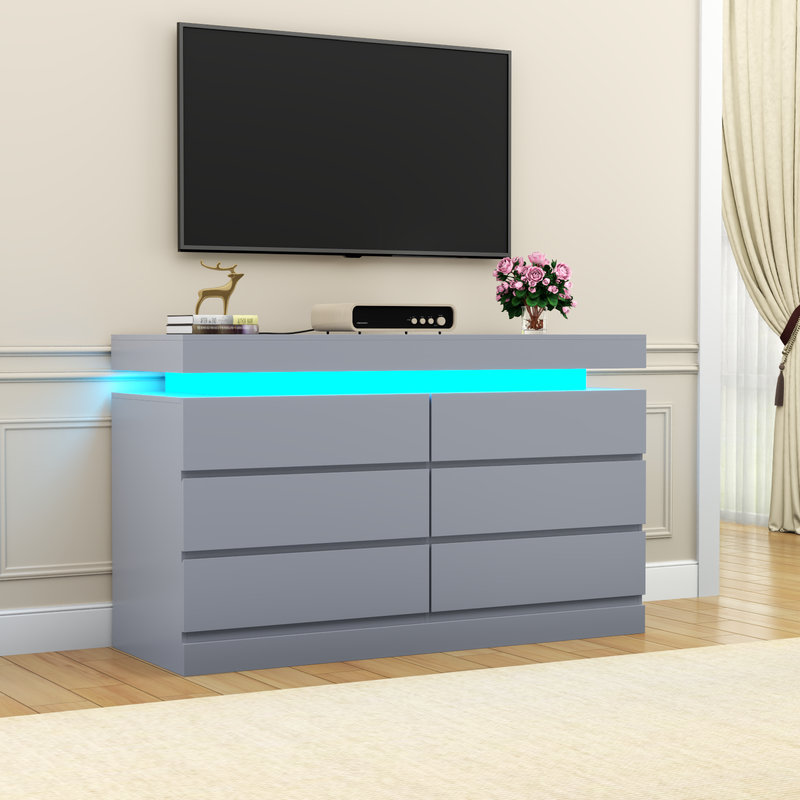 Shellise 6 Drawer 47.2" W Dresser with Power Outlet, Dresser with LED Light, Gray