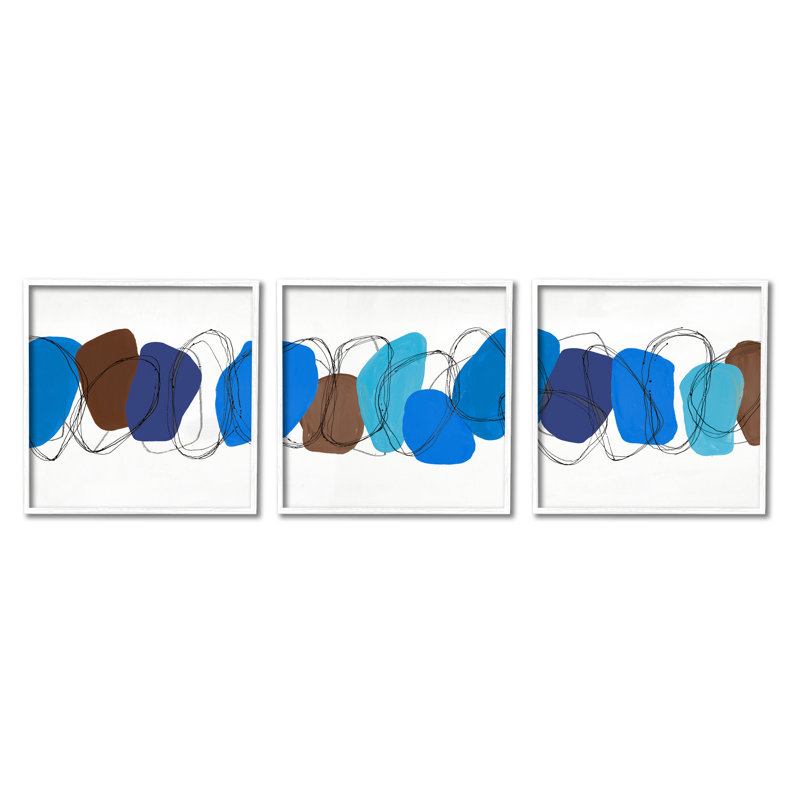 «Modern Modern Oblong Blue Shapes Geometric Abstract Scribble» par Ruth Fromstein - ensemble de 3 impressions sur toile