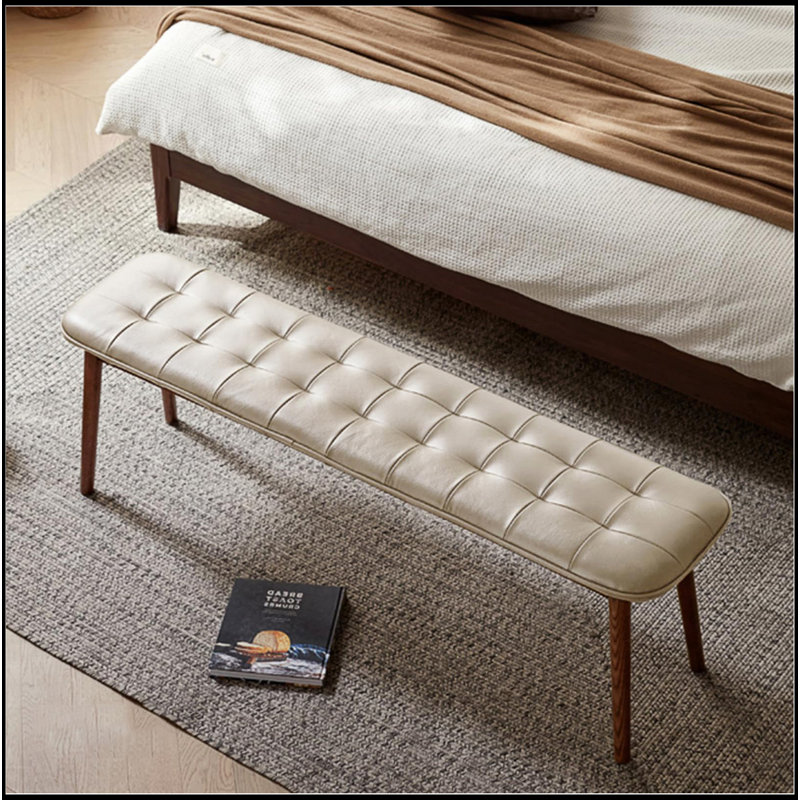(Off White) Natural Oak Wood For Dining Bench Table Bench For Living Room With Leather Cushion