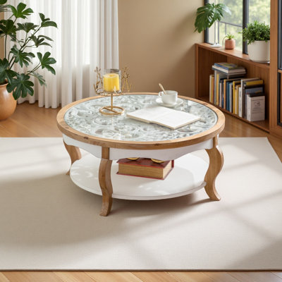 Round Wood Coffee Table With Glass Top, Solid Wooden Circle Centre Table With Curved Legs & Removeable Tempered Glass Top, Cocktail Table For Living Room , Home Small Space, Easy Assembly