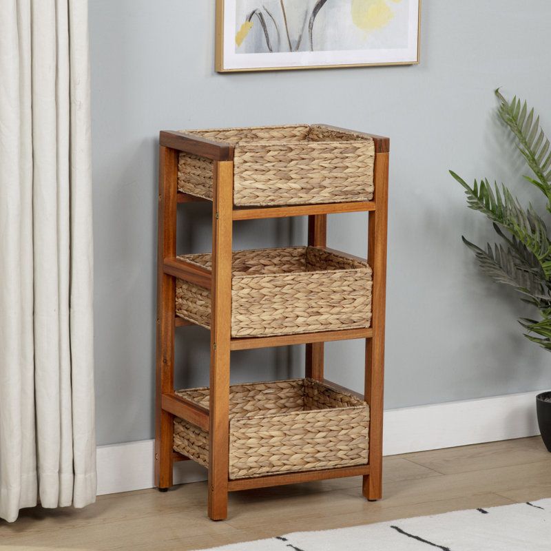 Étagère de rangement à 3 niveaux avec cadre en bois franc, chêne clair, 3 paniers en jacinthe d'eau tissés