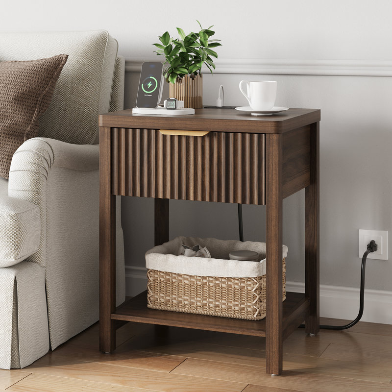 1 Pc Modern Nightstand With Charging Station, Usb & Type-C Ports – Bedside, End, Or Side Table With Drawer & Open Shelf For Bedroom, Living Room, Guest Room, Or Apartment Small Spaces – Black/White/Oak/Walnut