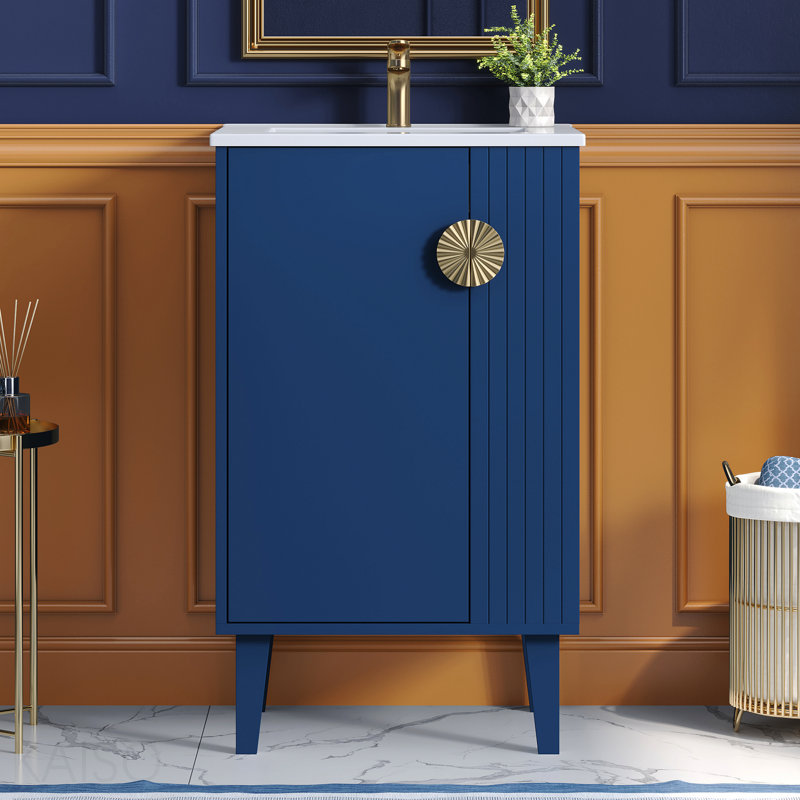 20-Inch Bathroom Vanity With Ceramic Sink, Freestanding Single Vanity Set With Soft Closing Door, Chic Half-Moon Pulls, French Style, Blue