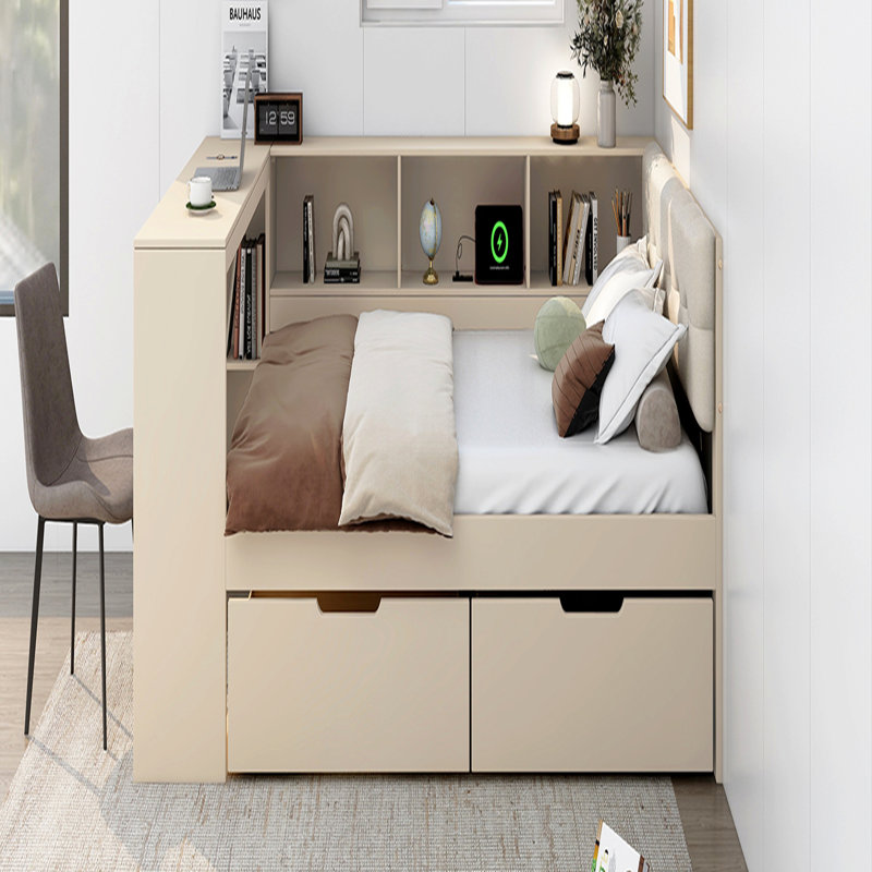 Lit plateforme double en bois avec tablettes de rangement, tiroirs, station de charge et tête de lit tapissier
